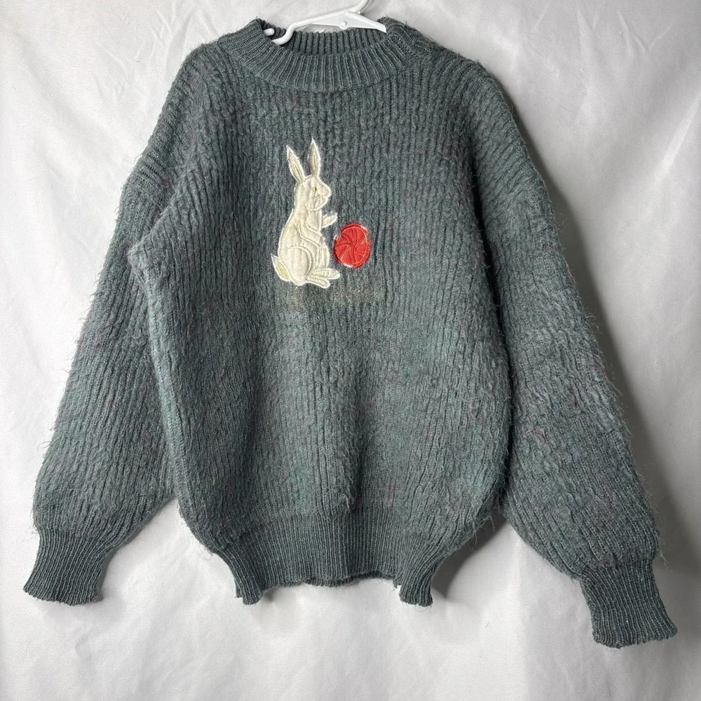 Vtg‎ Handknitted Kids Green Speckled Pink Embroidered white Bunny Sweater Easter